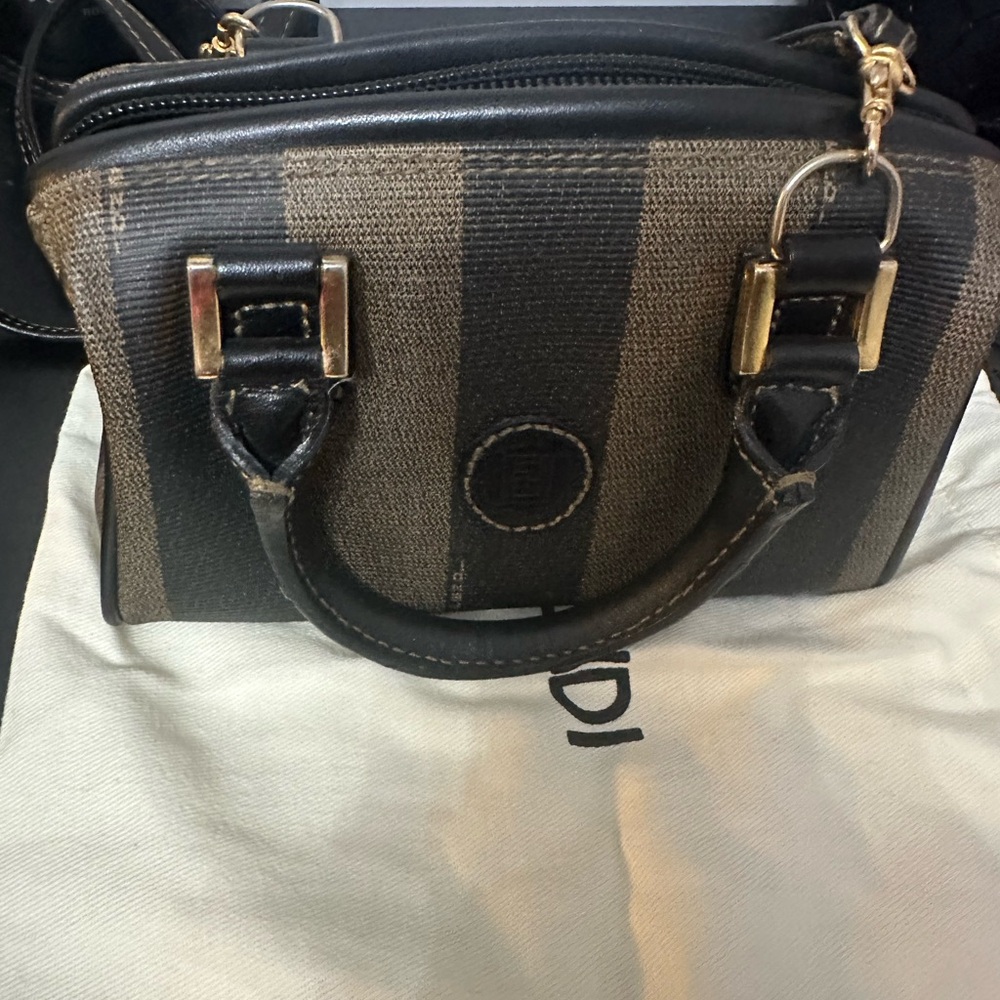 Fendi vintage mini crossbody. Black and Brown Striped Bag with Gold Hardware